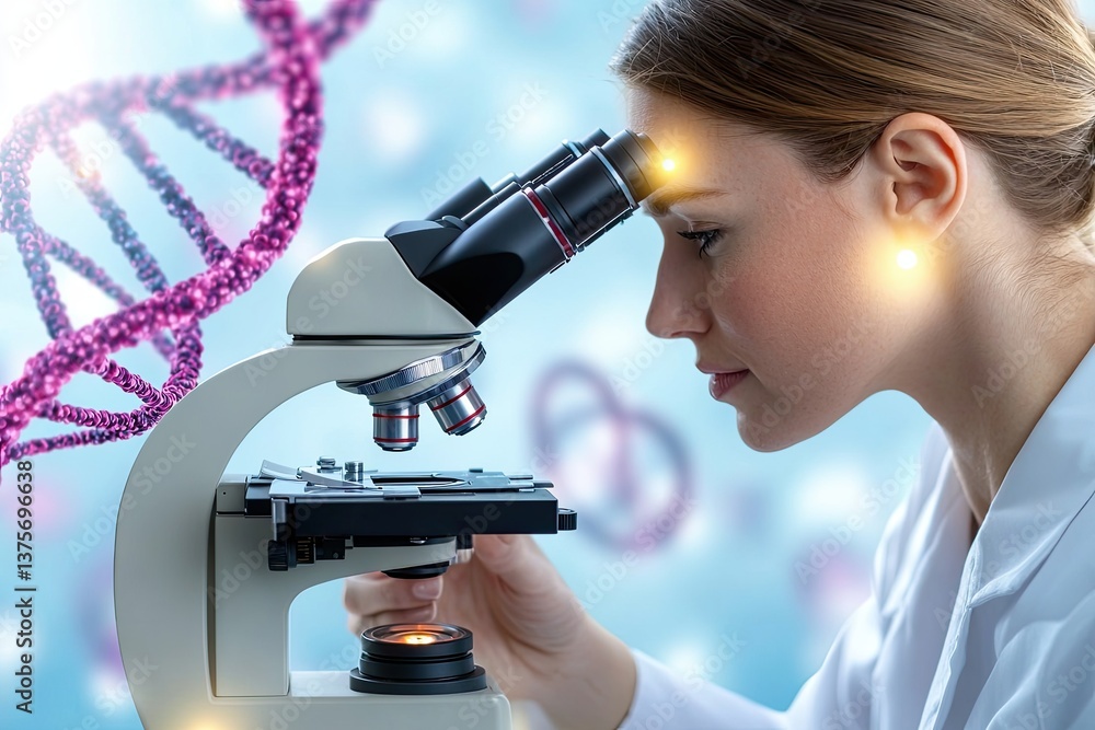 Poster microscope analysis of dna structure laboratory scientific research controlled environment close-up 