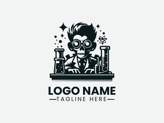 Cartoon Zombie Scientist Glowing Eyes Laboratory Vector Logo Design, Spooky Zombie Scientist Laboratory Logo