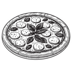 Pizza Margherita woodcut engraving vector illustration