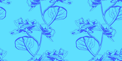 Fototapeta premium Vibrant blue floral seamless pattern. Stylish line art design perfect for textile prints, wallpapers, and website backgrounds. Evokes a sense of serenity and summer. Modern, minimalist aesthetic.