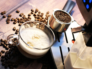 Cup of coffee and coffee machine, delicious drink