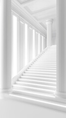 A serene and luminous staircase surrounded by elegant white pillars and soft lighting.