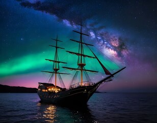 Fototapeta premium A majestic sailing ship floats on calm waters under a mesmerizing night sky, illuminated by the vibrant Northern Lights and the Milky Way.