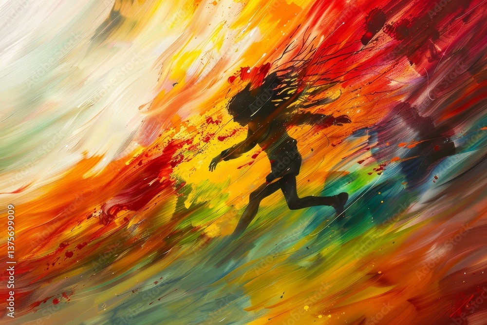 Poster a silhouette of a person running through a vibrant abstract painting with colorful streaks of paint,