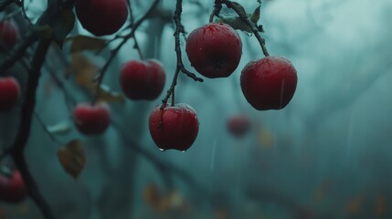 Wet, red apples hang on branches against a blurry, foggy background. Ideal for autumn, harvest, or even Snow White fairytale concepts.