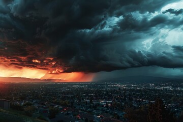 Fototapeta premium A cityscape is illuminated by a fiery orange sunset, with dramatic storm clouds overhead, Unpredictable and ever-changing weather patterns
