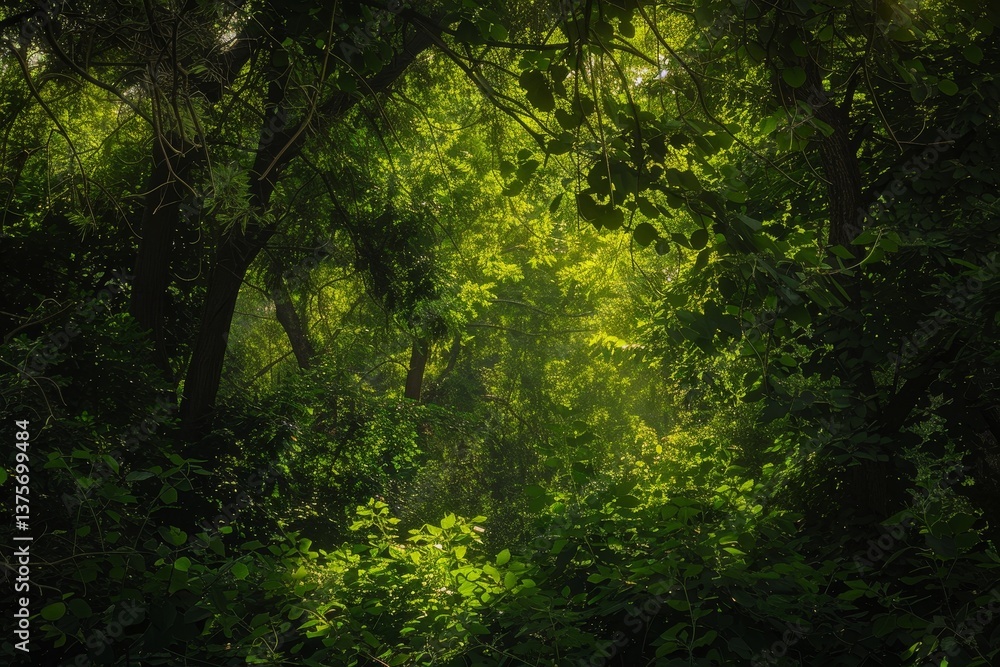 Aufkleber sunlight filtering through dense green foliage creates a dappled pattern on the forest floor, dapple