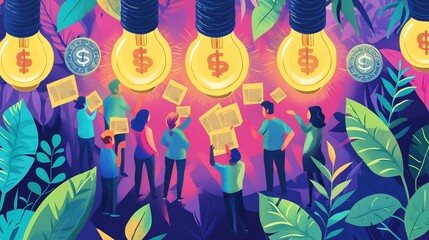 Illustration of crowdfunding startup receiving financial support from multiple small investors