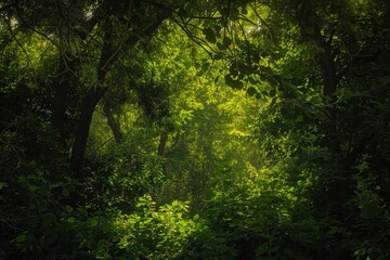 Fototapeta premium Sunlight filtering through dense green foliage creates a dappled pattern on the forest floor, Dappled sunlight filtering through a dense canopy of trees