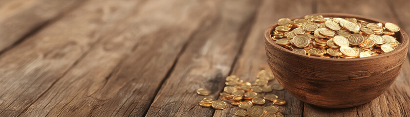 pot filled with shiny golden coins sits on rustic wooden surface, creating warm and inviting atmosphere. coins glisten in light, evoking feelings of wealth and prosperity