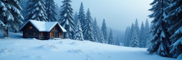 Dense snowfall envelops the woodland scene featuring majestic pine trees and a secluded cabin, winter landscape, cozy cabin, snow covered trees