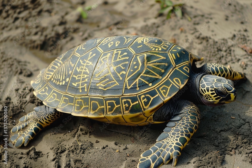 Poster a turtle with intricate patterns on its shell rests on a sandy beach, its limbs tucked beneath its b