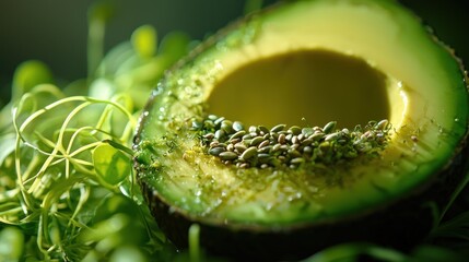 Halved avocado with seeds and microgreens.