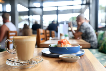 cappuccino, coffee in a clear glass cup in a cafe, soft color background food and drink, hot drink