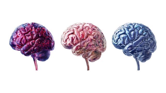 AI Brain with Neural Network Set of Three Different Poses on Transparent Background for Tech Branding, Artificial Intelligence, or Innovation Design