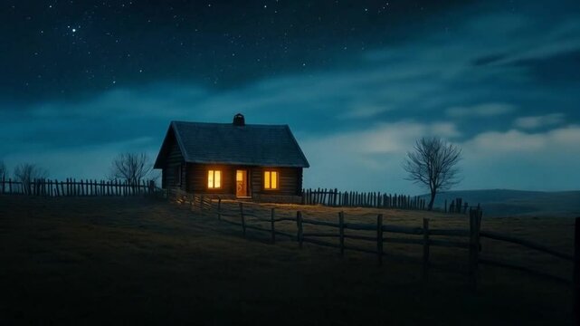 Lonely house with glowing windows at twilight on a rural landscape
