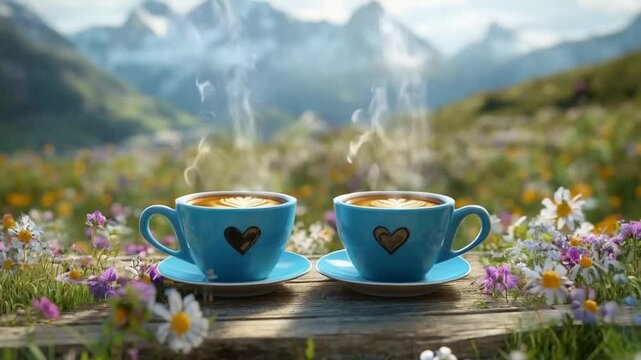 Two coffee cups with steam on wooden table in mountainous landscape