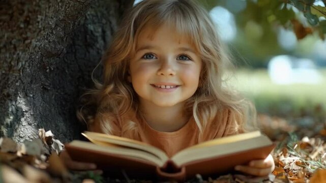 Smiling girl reading book under tree in sunny park