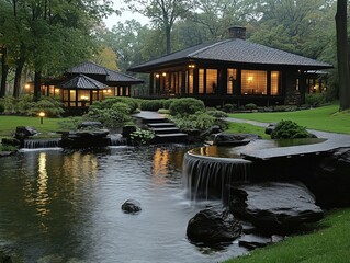 Obraz premium A house with a large pool and a waterfall in front of it. The house is surrounded by trees and has a lot of greenery. The water in the pool is calm and the waterfall is flowing gently
