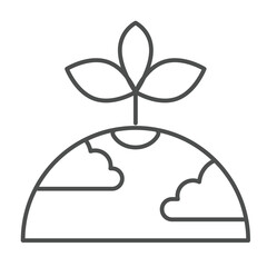 Planet with clouds and leaf plant thin line icon, cosmos concept. Vector graphics. Inhabited planet with leaves, ecology sign on white background, outline style icon for mobile or web design.
