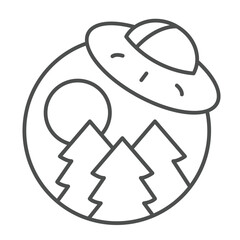 Forest and moon with alien ship thin line icon, cosmos concept. Vector graphics. Alien spaceship landing, UFO plate sign on white background, outline style icon for mobile or web design.