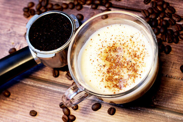 Cup of coffee and coffee machine, delicious drink