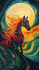 Majestic Horse Under Moonlight in an Expressionist Painting Style with Vibrant Colors and Dynamic Brushstrokes
