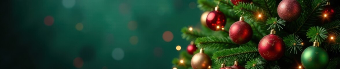 Evergreen Christmas Tree adorned with colorful ornaments and twinkling lights, ornaments, decorations