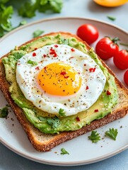 Delicious Fried Egg on Toast with Fresh Vegetables and Yolk