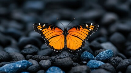 Obraz premium Orange Butterfly on Dark Rocks