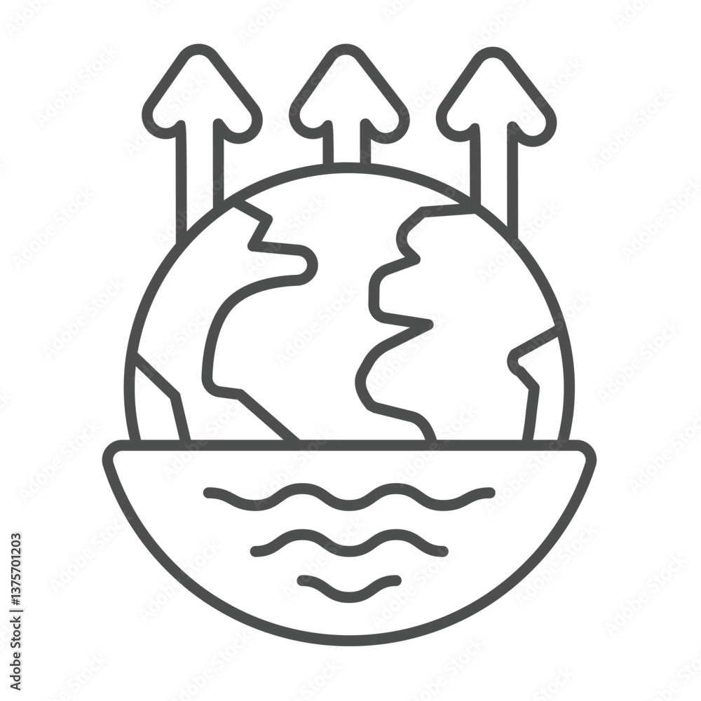 Poster planet earth and ocean flood level thin line icon, climate change concept. vector graphics. up arrow
