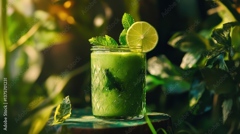 Aufkleber fresh green smoothie with lime and mint in jar on rustic table under sunlight