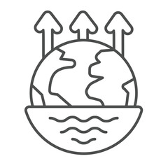 Planet earth and ocean flood level thin line icon, climate change concept. Vector graphics. Up arrow and planet with water sign on white background, outline style icon for mobile or web design.