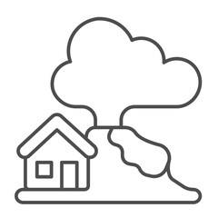 Erupting volcano with cloud and house thin line icon, climate change concept. Vector graphics. Volcano with building, danger sign on white background, outline style icon for mobile or web design.