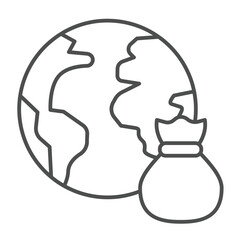 Planet earth and trash bag thin line icon, climate change concept. Vector graphics. Ecology disaster, pollution danger sign on white background, outline style icon for mobile or web design.