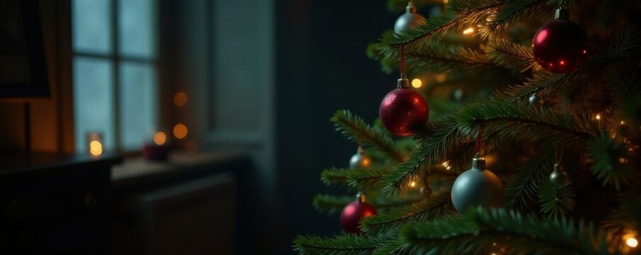 Faded Christmas tree branches in a darkened room with old ornaments and lights, flickering lights, dim lighting, faded christmas tree