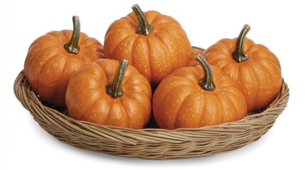 Obraz premium Five small orange pumpkins in a brown wicker basket.