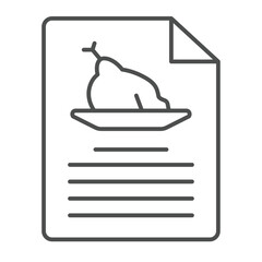 Chicken or turkey recipe paper thin line icon, culinary cooking concept. Vector graphics. Recipe of fried chicken dish sign on white background, outline style icon for mobile or web design.