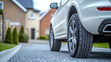 Fototapeta premium A White Car Gleaming on a Gravel Driveway, Ready for Adventure, Nestled in a Quiet Suburban Neighborhood.