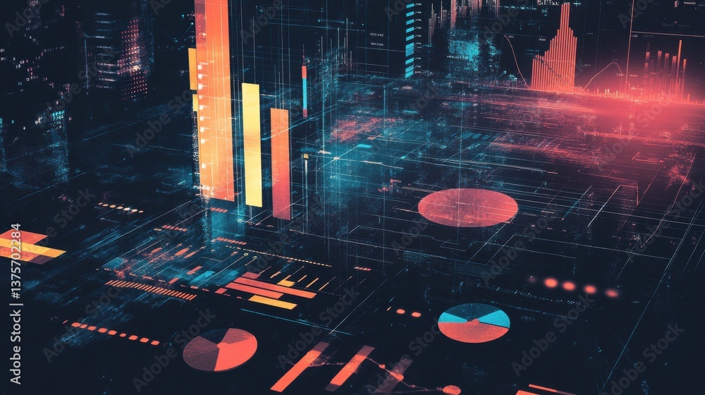 Poster symbolic financial data visualization: futuristic graphs and charts displayed as a cybernetic grid