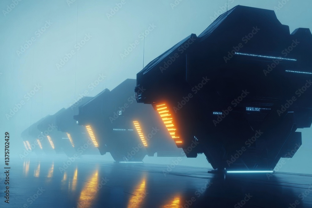 Poster futuristic structures illuminated in foggy environment during nighttime