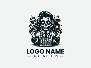 Cartoon Zombie Scientist Glowing Eyes Laboratory Vector Logo Design, Spooky Zombie Scientist Laboratory Logo