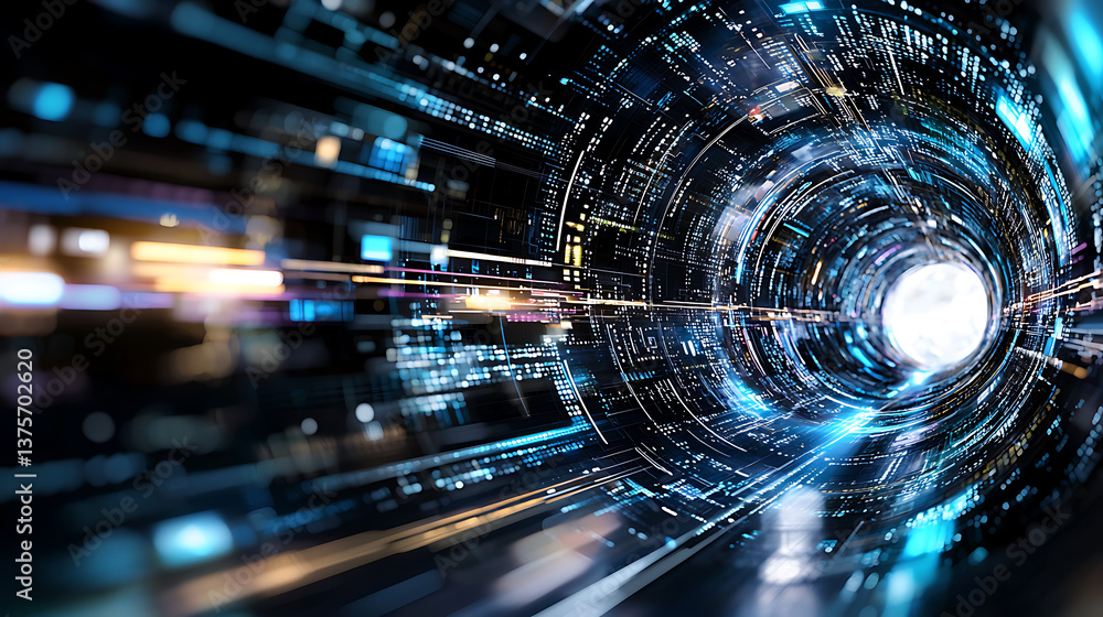 Fototapete futuristic digital tunnel journey virtual realm abstract art high-tech environment dynamic viewpoint