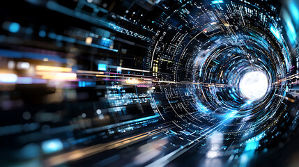 Obraz premium Futuristic digital tunnel journey virtual realm abstract art high-tech environment dynamic viewpoint concept of time travel