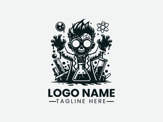 Cartoon Zombie Scientist Glowing Eyes Laboratory Vector Logo Design, Spooky Zombie Scientist Laboratory Logo