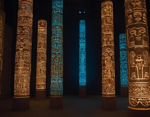Illuminated totem poles with intricate carvings of faces and symbols stand tall in a dark setting, glowing in orange and blue hues.
