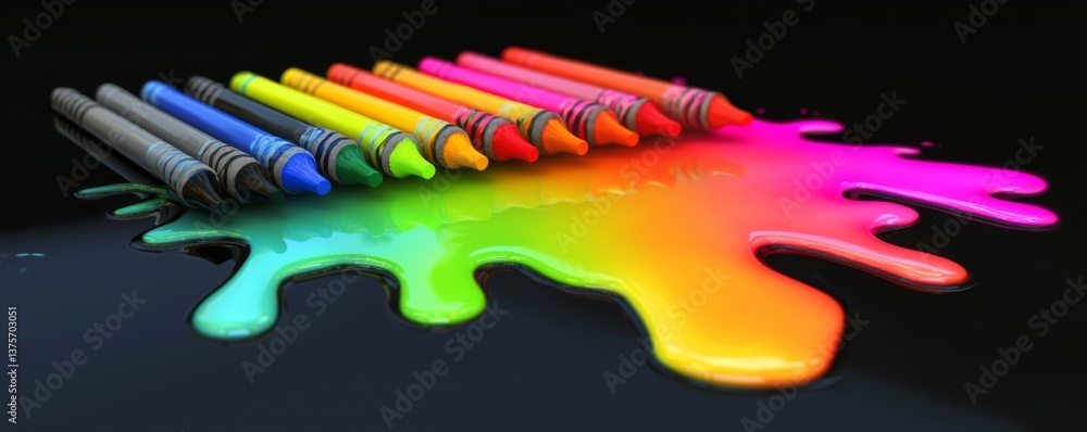 Poster a vibrant array of melted crayons forming a colorful spectrum on a dark background.