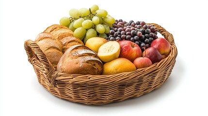A clean photo of a wicker picnic basket filled with fresh fruit and bread for catering services. background