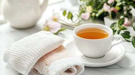 Relaxing teacup and towels on marble table.