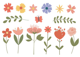 Set of spring summer cute elements. Hand drawn elegant flowers, floral decor, blossom garden, leaves. Collection spring stickers. Vector flat illustration. 